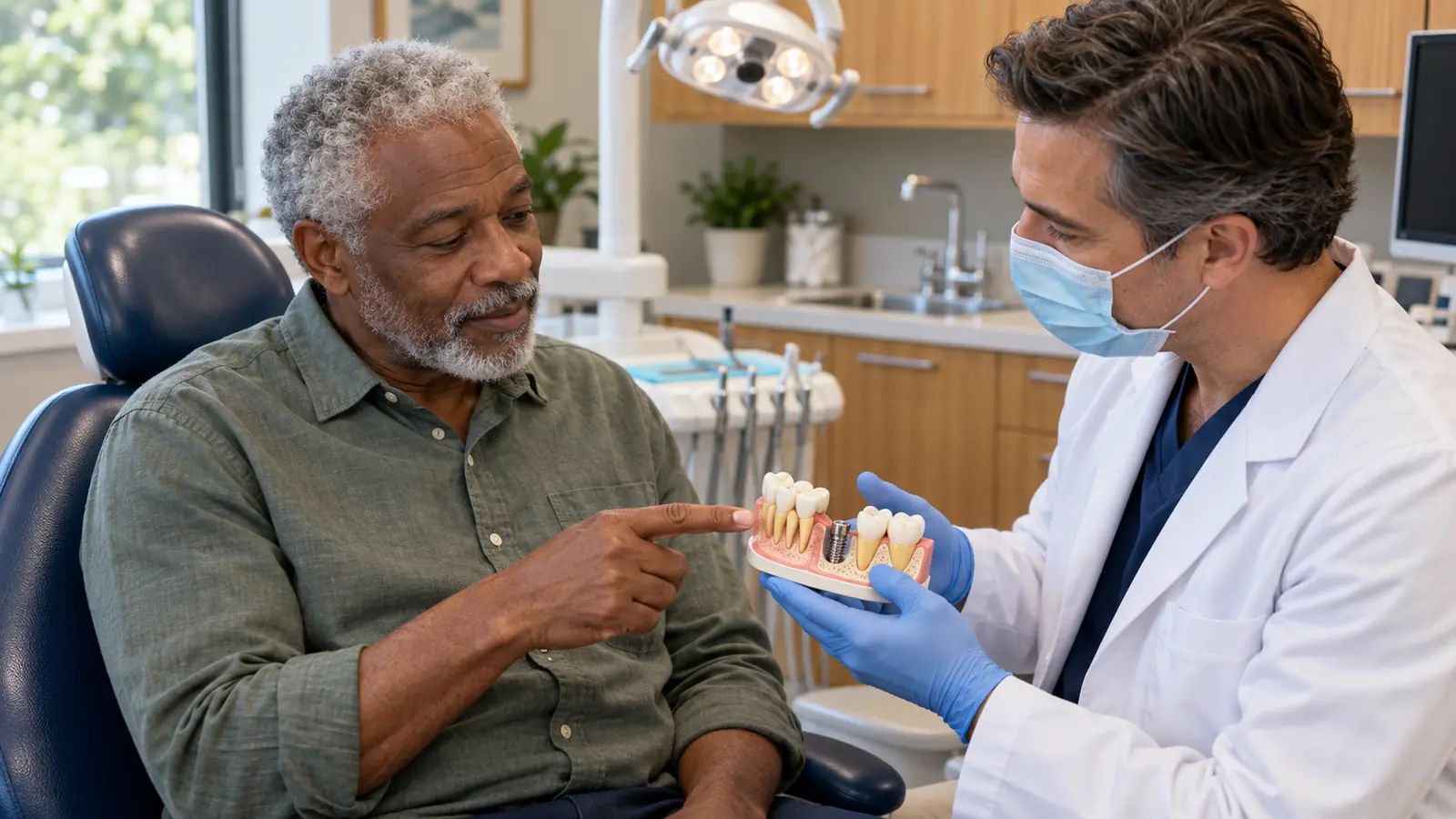 Dentist reviews implant planning information for a long-standing missing tooth during a Windsor consultation.