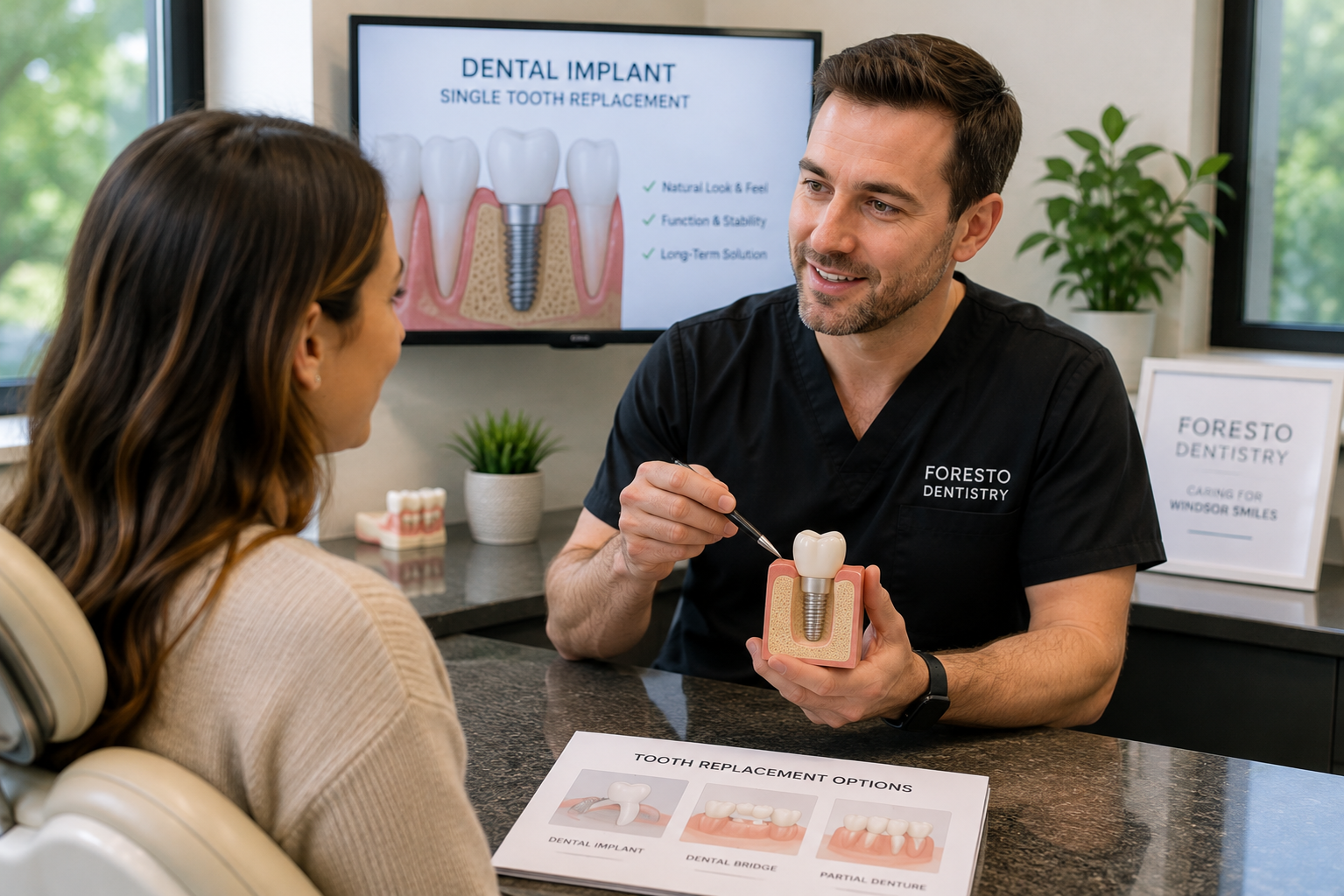 Dentist discussing single tooth dental implant and missing tooth replacement options with a patient in Windsor.